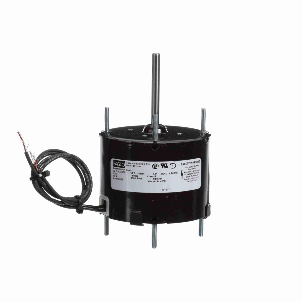 FASCO Fan and Blower Motor, 1/50 HP, 1 Ph, 60 Hz, 115 V, 1500 RPM, 1 Speed, 3.3" Diameter, TEAO - D125