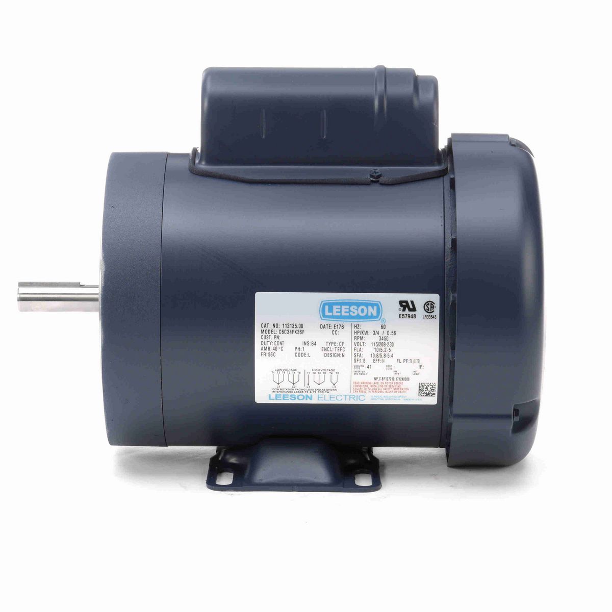 LEESON General Purpose Motor, 0.75 HP, 1 Ph, 60 Hz, 115/230 V, 3600 RPM, 56C Frame, TEFC - 112135.00