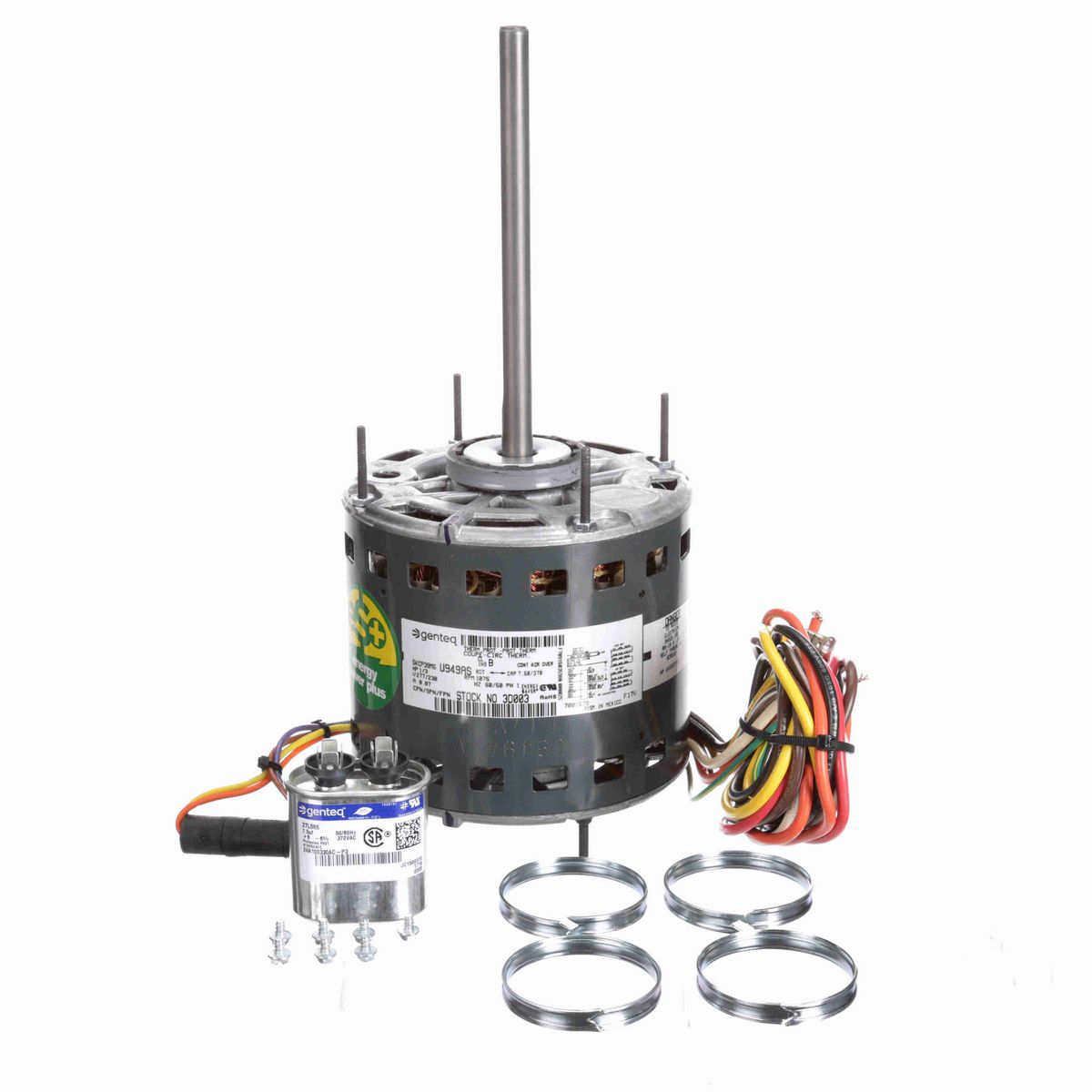 Genteq Fan and Blower Motor, 1/3 HP, 1 Ph, 60/50 Hz, 277/230 V, 1075 RPM, 4 Speed, 48 Frame, OPAO - 3D003