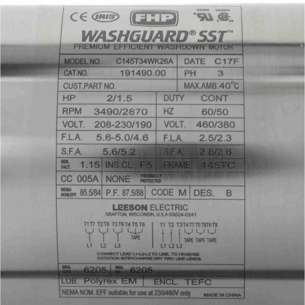 LEESON SST Duck™ General Purpose Motor, 2 & 1.50 HP, 3 Ph, 60 & 50 Hz, 230/460 & 190/380 V, 3600 & 3000 RPM, 145TC Frame, TEFC - 191490.00