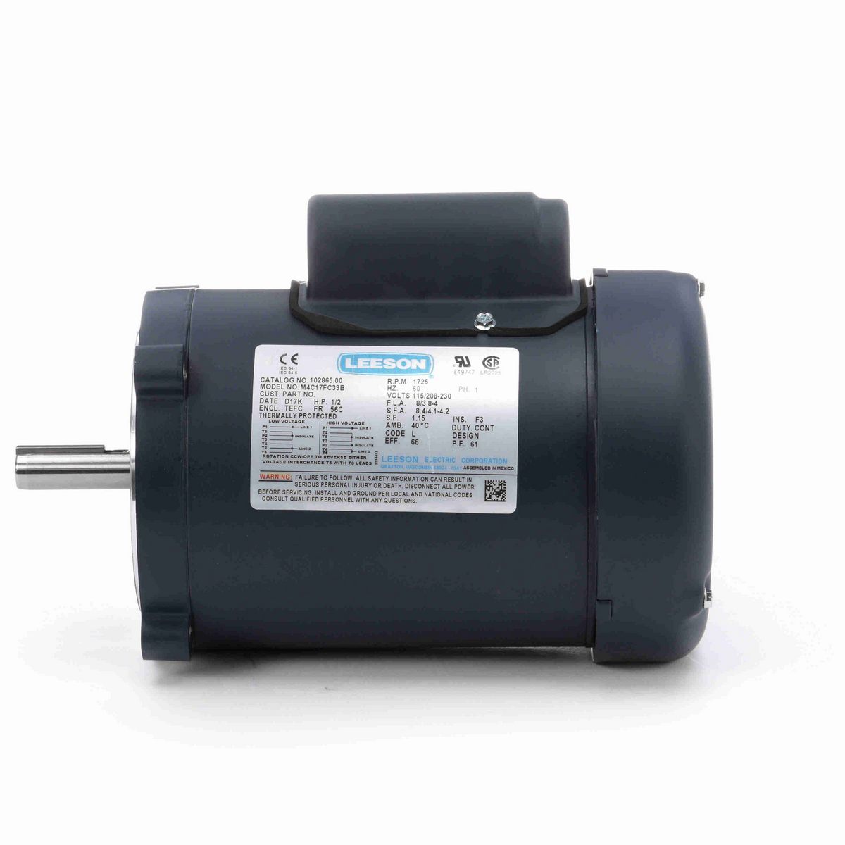 LEESON General Purpose Motor, 0.50 HP, 1 Ph, 60 Hz, 115/230 V, 1800 RPM, 56C Frame, TEFC - 102865.00