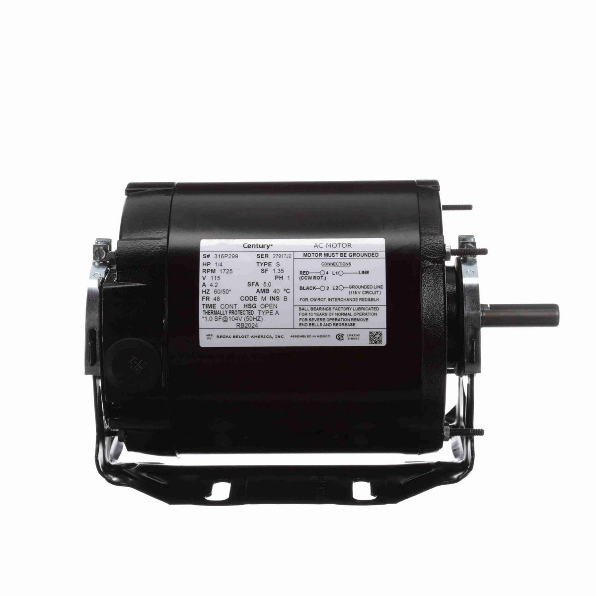 Century Fan and Blower Motor, 1/4 HP, 1 Ph, 60/50* Hz, 115 V, 1800 RPM, 48 Frame, OPEN - RB2024
