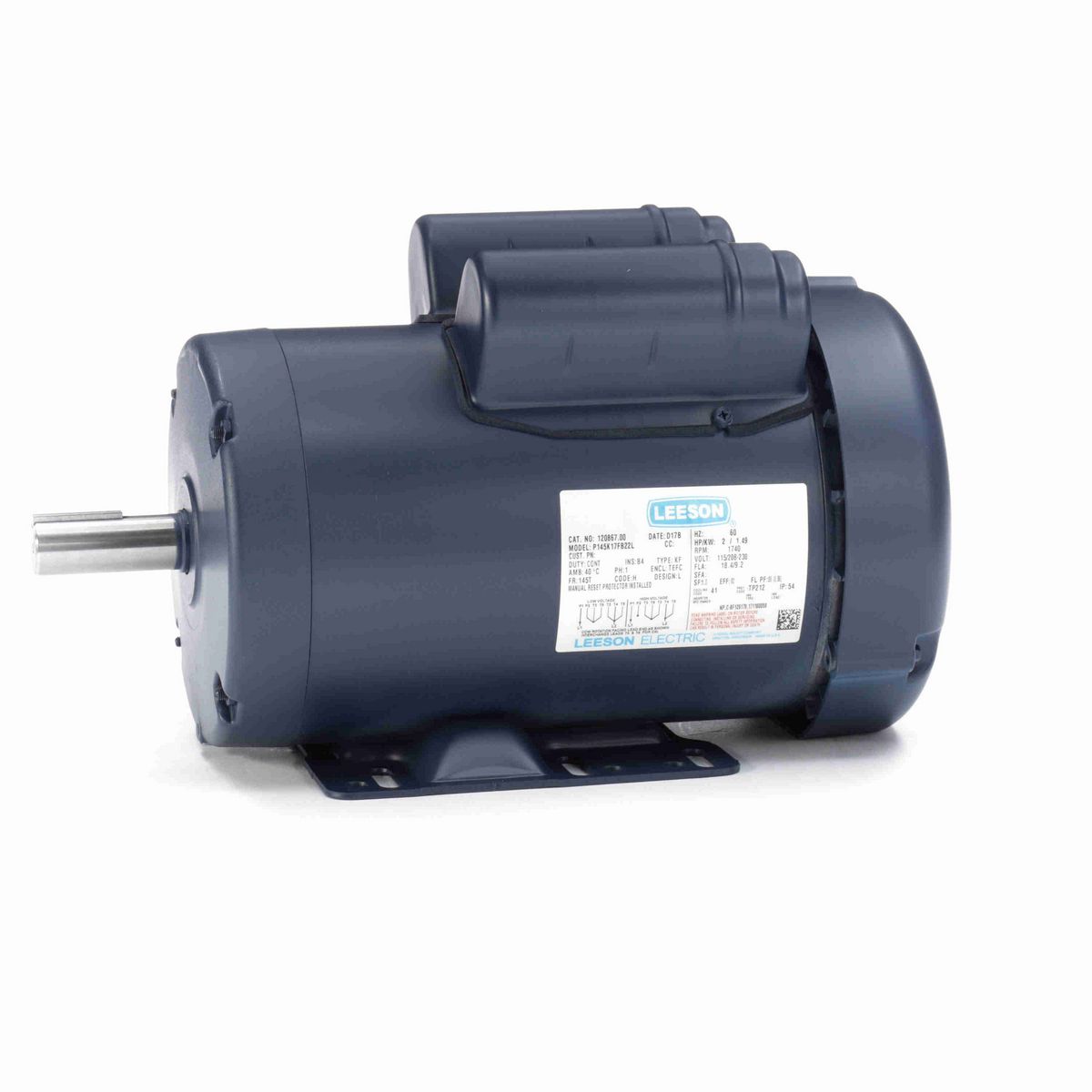 LEESON General Purpose Motor, 2 HP, 1 Ph, 60 Hz, 115/230 V, 1800 RPM, 145T Frame, TEFC - 120867.00