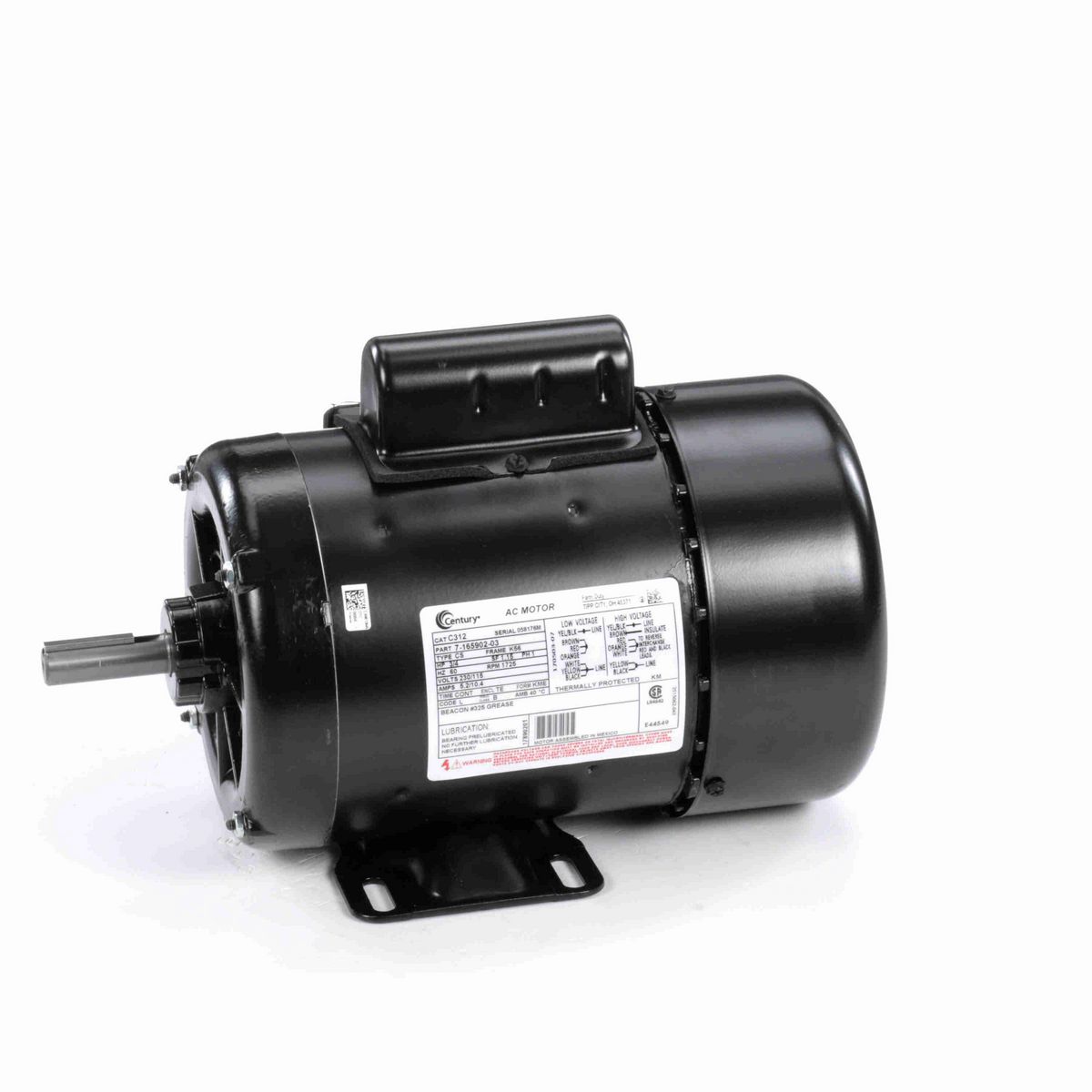 Century General Purpose Farm Duty Motor, 3/4 HP, 1 Ph, 60 Hz, 230/115 V, 1800 RPM, K56 Frame, TEFC - C312
