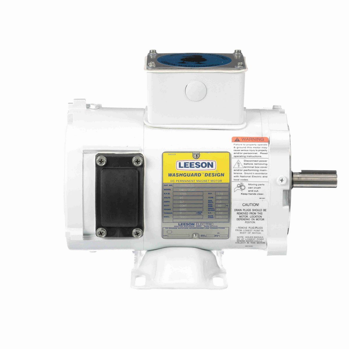LEESON White Duck™ Washdown Motor, 0.25 HP, 90 V, 1750 RPM, S56C Frame, TENV - 108423.00