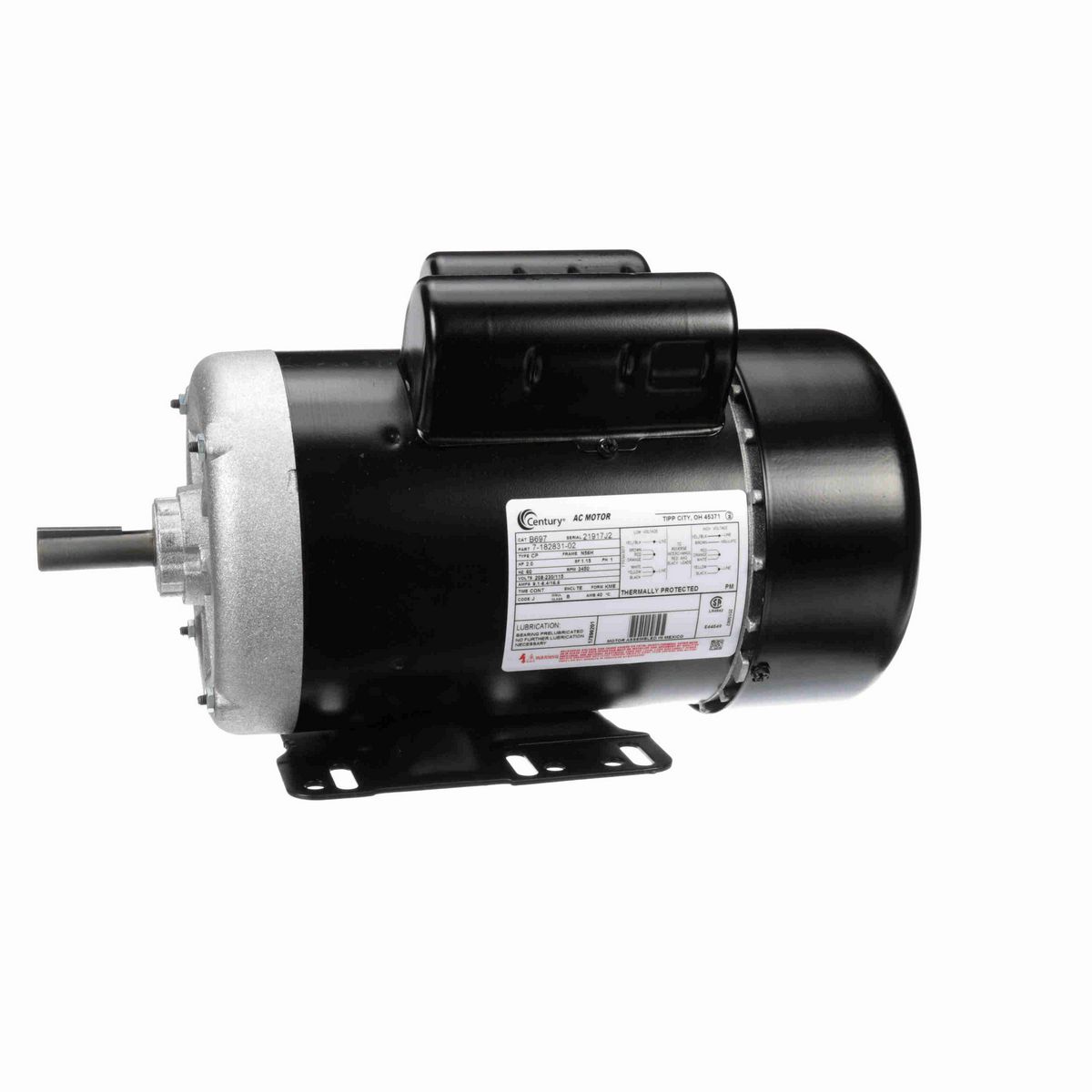 Century General Purpose Motor, 2.0 HP, 1 Ph, 60 Hz, 208-230/115 V, 3600 RPM, N56H Frame, TEFC - B697