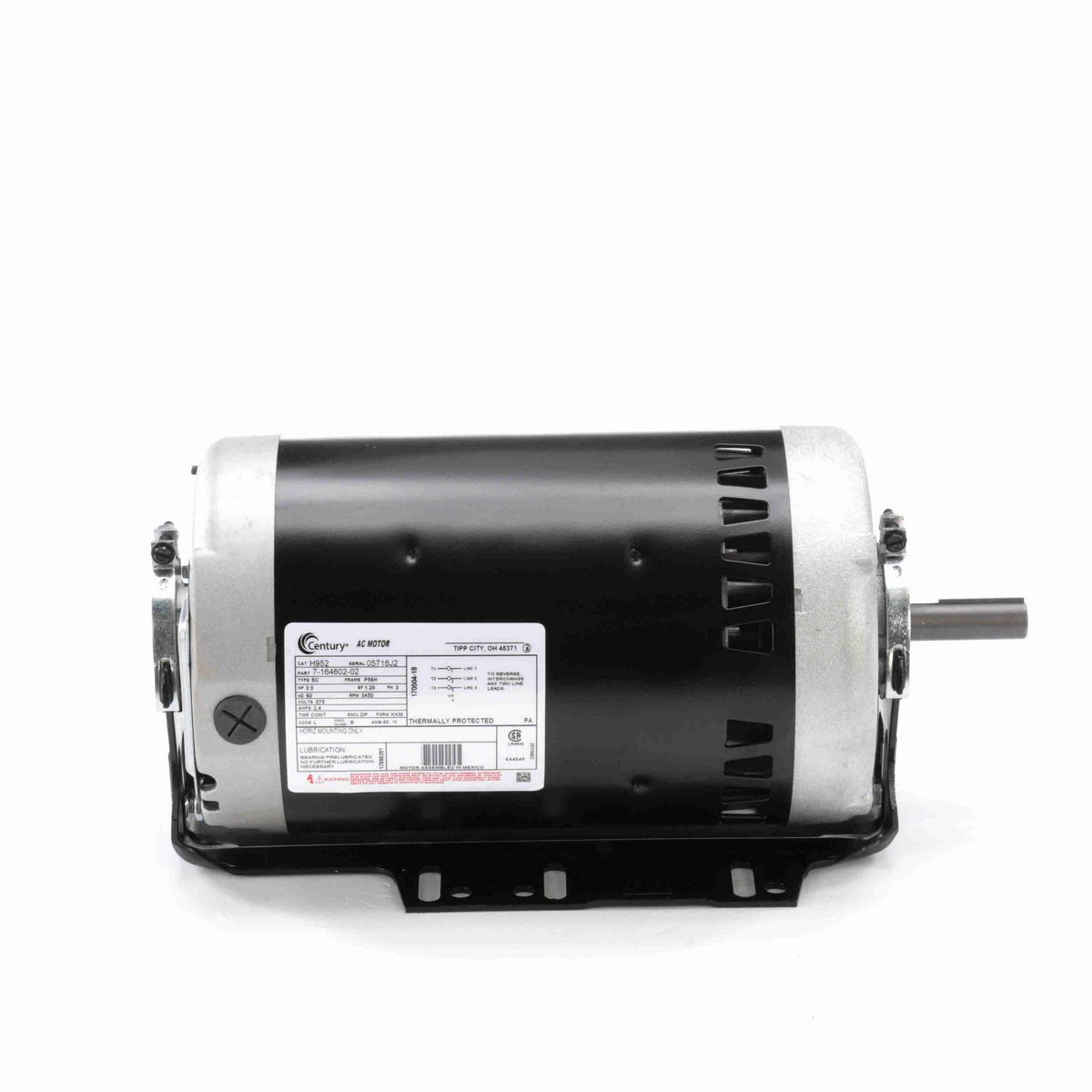 Century General Purpose Motor, 2.0 HP, 3 Ph, 60 Hz, 575 V, 3600 RPM, P56H Frame, DP - H952