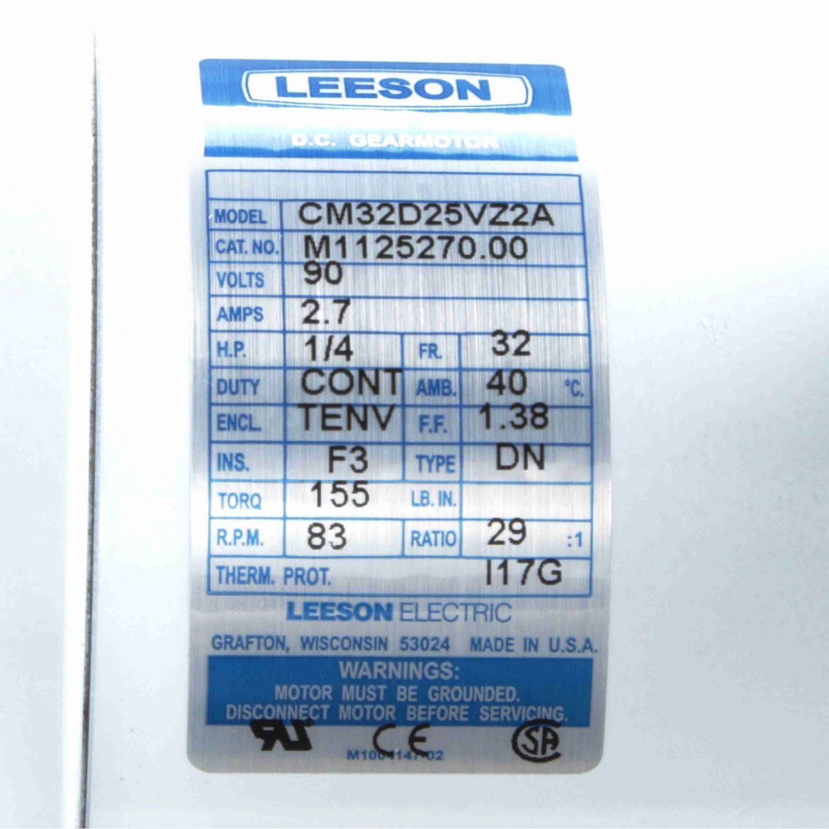 LEESON White Duck™ Parallel Shaft Gearmotor, 0.25 HP, 90 V, 83 RPM, 32 Frame, TENV - M1125270.00