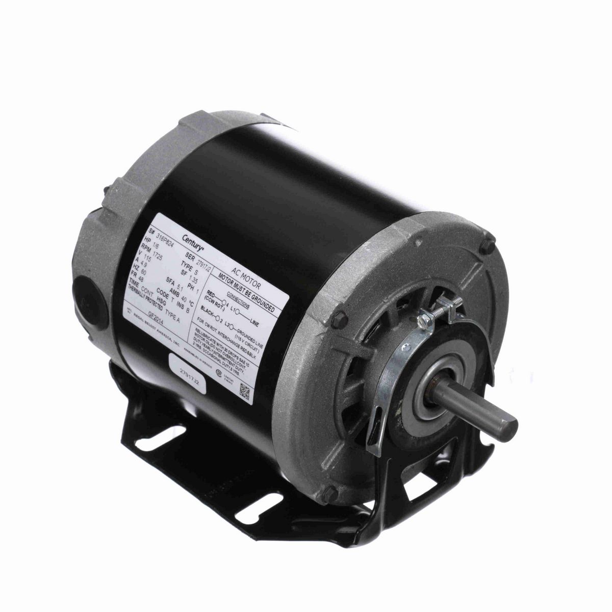Century Fan and Blower Motor, 1/6 HP, 1 Ph, 60 Hz, 115 V, 1800 RPM, 48 Frame, OPEN - GF2014