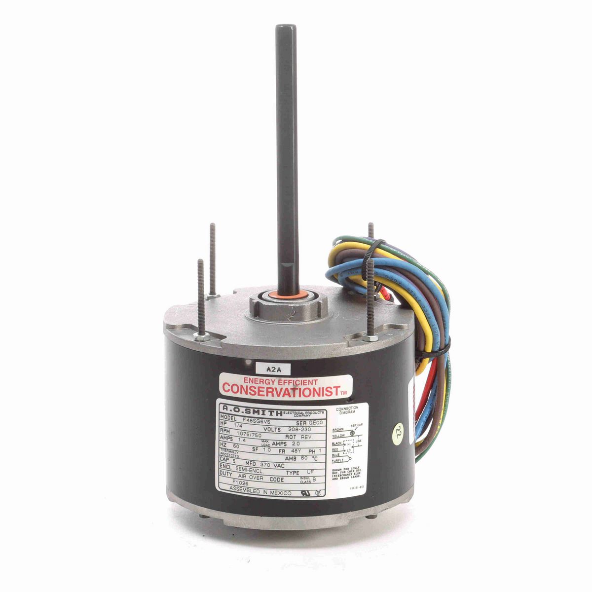 Century Condenser Fan Motor, 1/4 HP, 1 Ph, 60 Hz, 208-230 V, 1075/750 RPM, 2 Speed, 48 Frame, SEMI ENCL - F1026