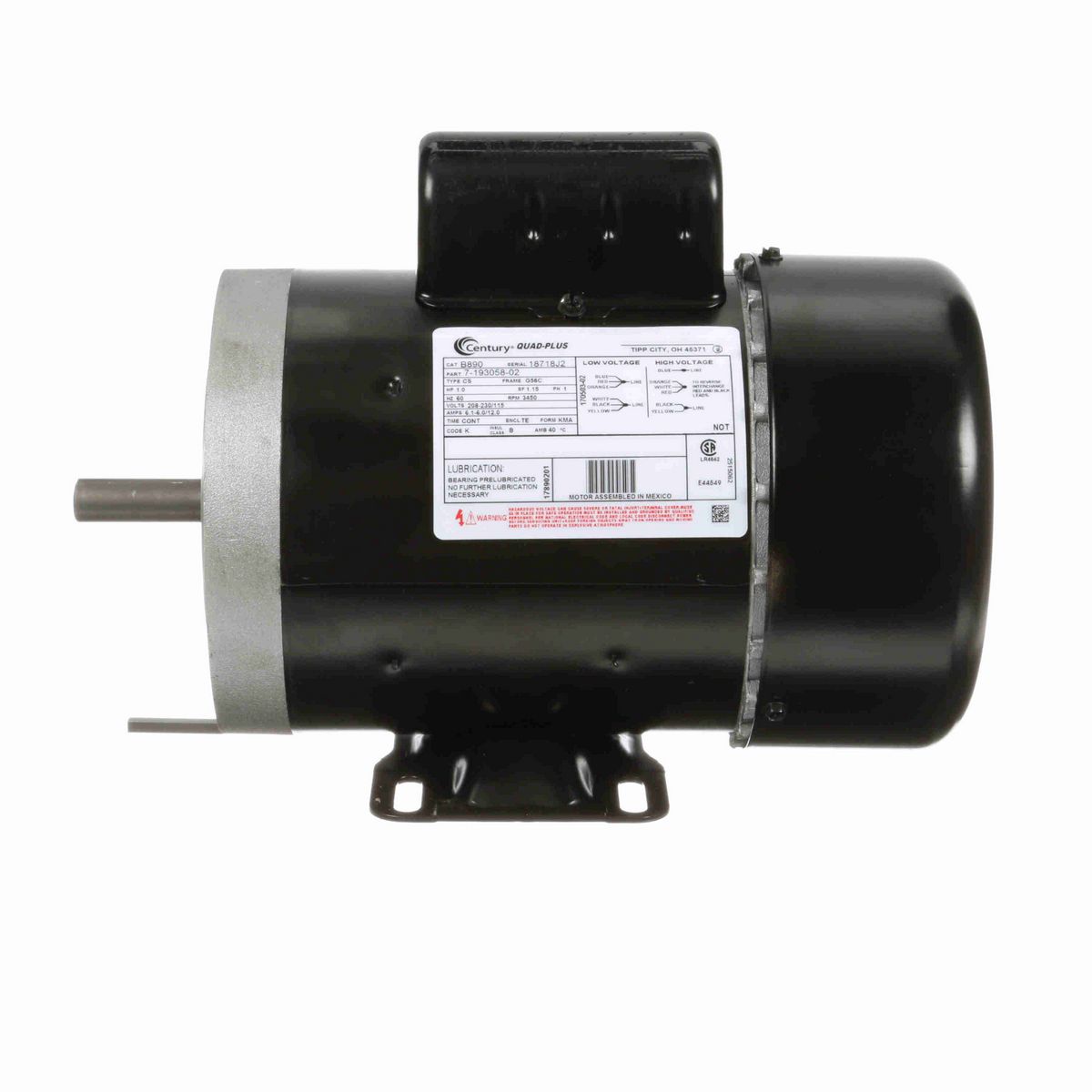 Century General Purpose Motor, 1.0 HP, 1 Ph, 60 Hz, 208-230/115 V, 3600 RPM, G56C Frame, TEFC - B890