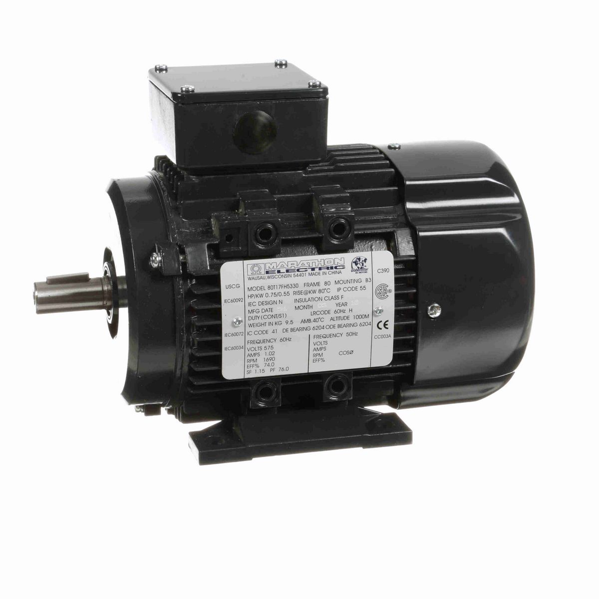 LEESON Aluminium Motor, 0.75 HP, 3 Ph, 60 Hz, 575 V, 1800 RPM, 80M Frame, TEFC - R410