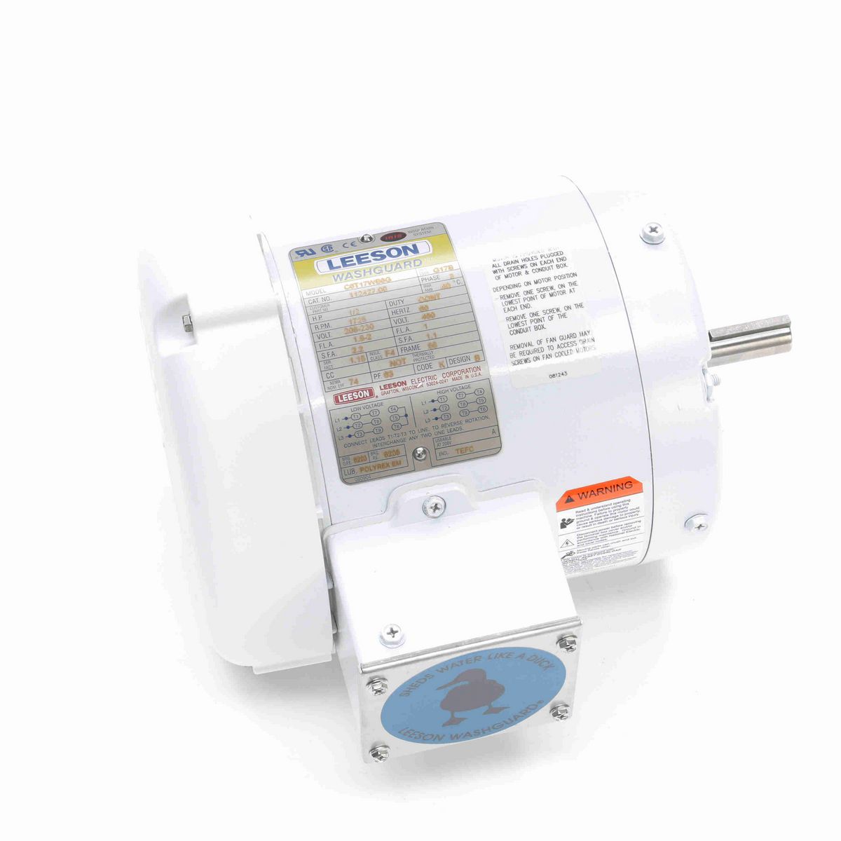 LEESON White Duck™ General Purpose Motor, 0.50 HP, 3 Ph, 60 Hz, 230/460 V, 1800 RPM, 56 Frame, TEFC - 112427.00