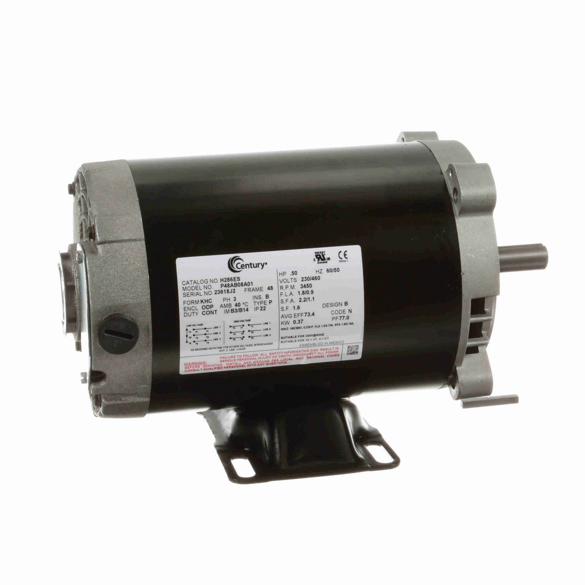Century General Purpose Motor, .50 HP, 3 Ph, 60 Hz, 230/460 V, 3600 RPM, 48 Frame, ODP - H286ES