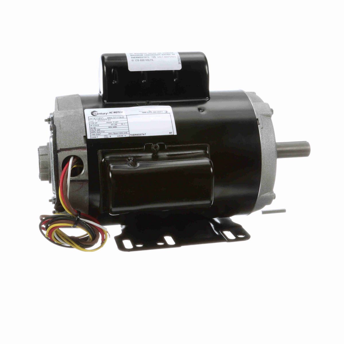 Century Aeration Fan Motor, 3.0-4.0 HP, 1 Ph, 60 Hz, 230 V, 3600 RPM, P145T Frame, TEAO - K112V1