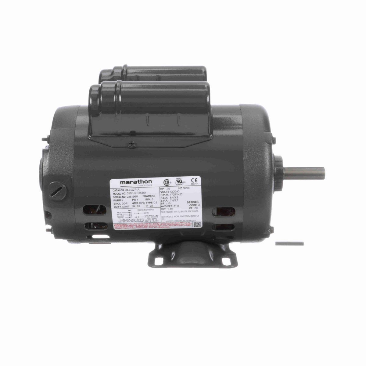 LEESON General Purpose Motor, 0.75 & 0.75 HP, 1 Ph, 60 & 50 Hz, 120/240 & 120/240 V, 1800 & 1500 RPM, 56 Frame, DP - EG271A