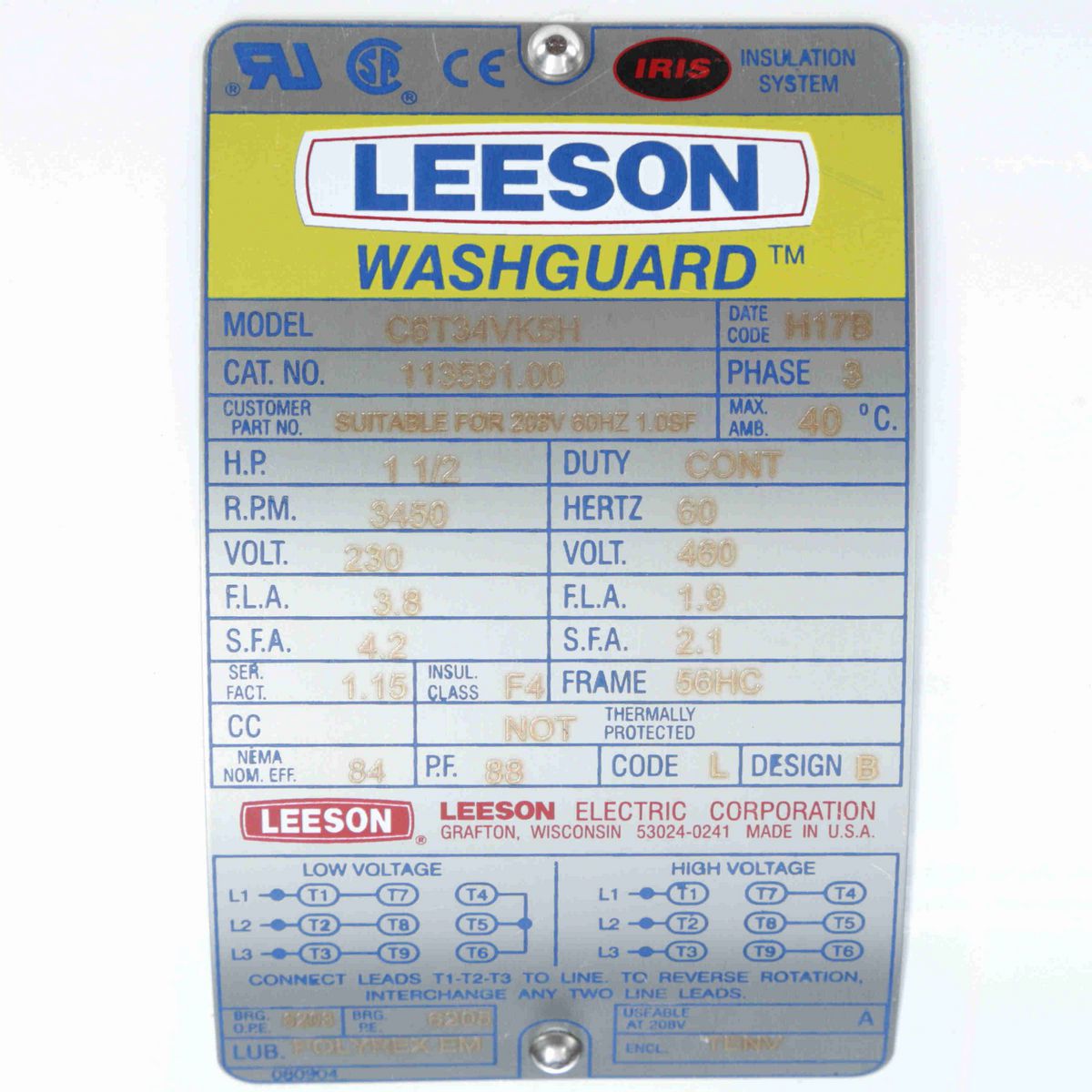 LEESON White Duck™ General Purpose Motor, 1.50 HP, 3 Ph, 60 Hz, 230/460 V, 3600 RPM, 56HC Frame, TENV - 113591.00