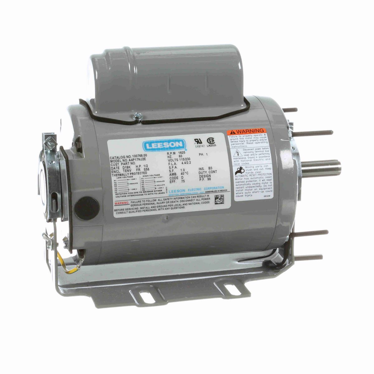 LEESON Agricultural Motor, 0.50 HP, 1 Ph, 60 Hz, 115/230 V, 1800 RPM, S56 Frame, TENV - 100768.00
