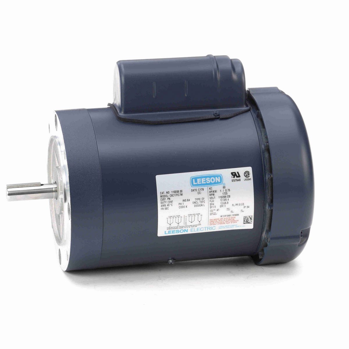 LEESON General Purpose Motor, 1 HP, 1 Ph, 60 Hz, 115/230 V, 1800 RPM, 56C Frame, TEFC - 110058.00