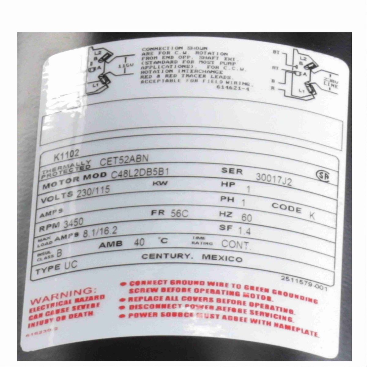 Century Jet Pump Motor, 1 HP, 1 Ph, 60 Hz, 230/115 V, 3600 RPM, 56C Frame, ODP - K1102