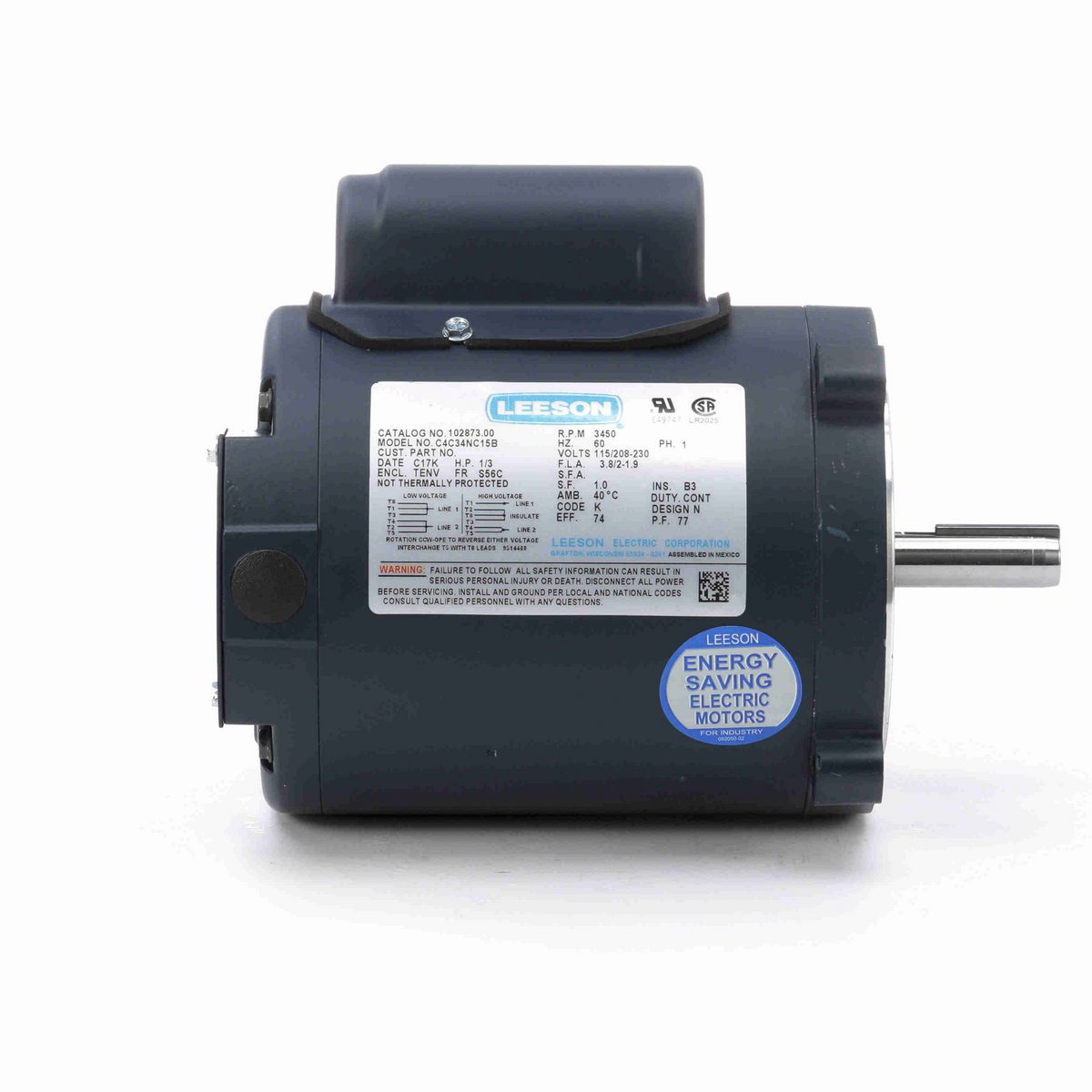 LEESON General Purpose Motor, 0.33 HP, 1 Ph, 60 Hz, 115/230 V, 3600 RPM, 56C Frame, TENV - 102873.00