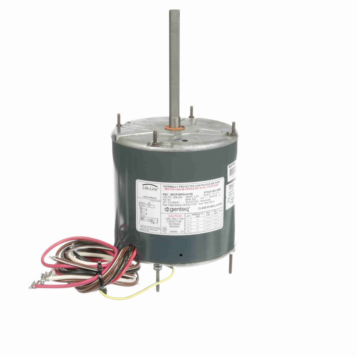 Genteq LIFE-LINE® Condenser Fan Motor, 1/3-1/6 HP, 1 Ph, 60 Hz, 208-230 V, 825 RPM, 2 Speed, 48 Frame, CLOSEDAO - 3469
