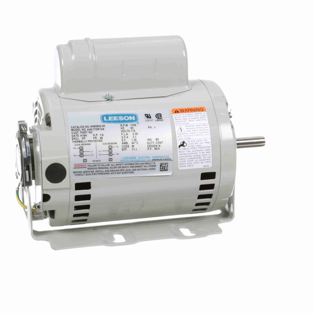 LEESON Fan and Blower Motor, 0.25 HP, 1 Ph, 60 Hz, 115 V, 1800 RPM, 48 Frame, DP - M090602.00