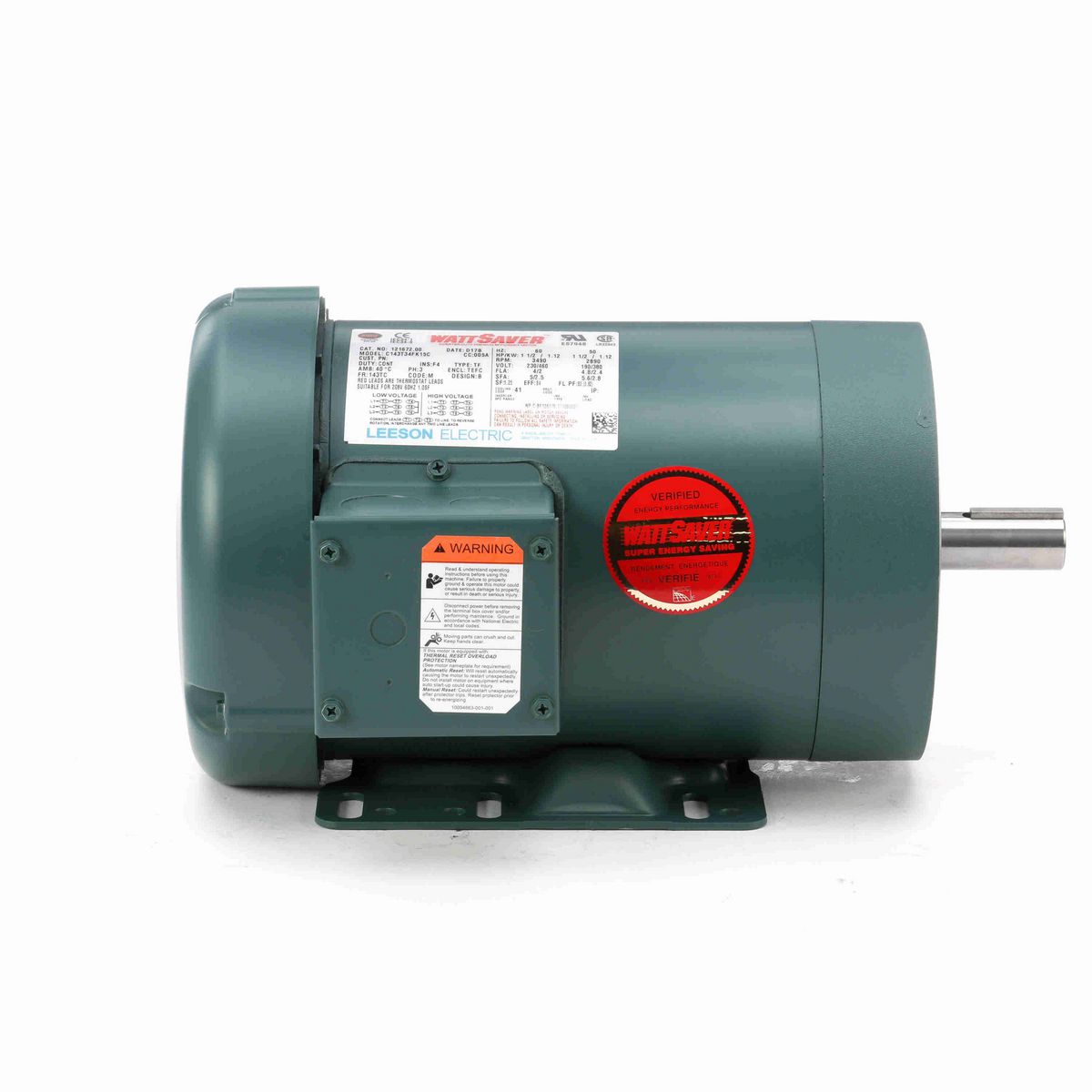 LEESON General Purpose Motor, 1.50 & 1.50 HP, 3 Ph, 60 & 50 Hz, 230/460 & 190/380 V, 3600 & 3000 RPM, 143TC Frame, TEFC - 121672.00