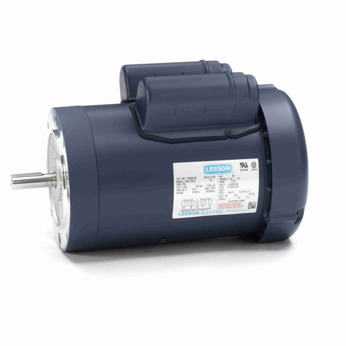 LEESON General Purpose Motor, 1.50 HP, 1 Ph, 60 Hz, 115/230 V, 1800 RPM, 56C Frame, TEFC - 110420.00