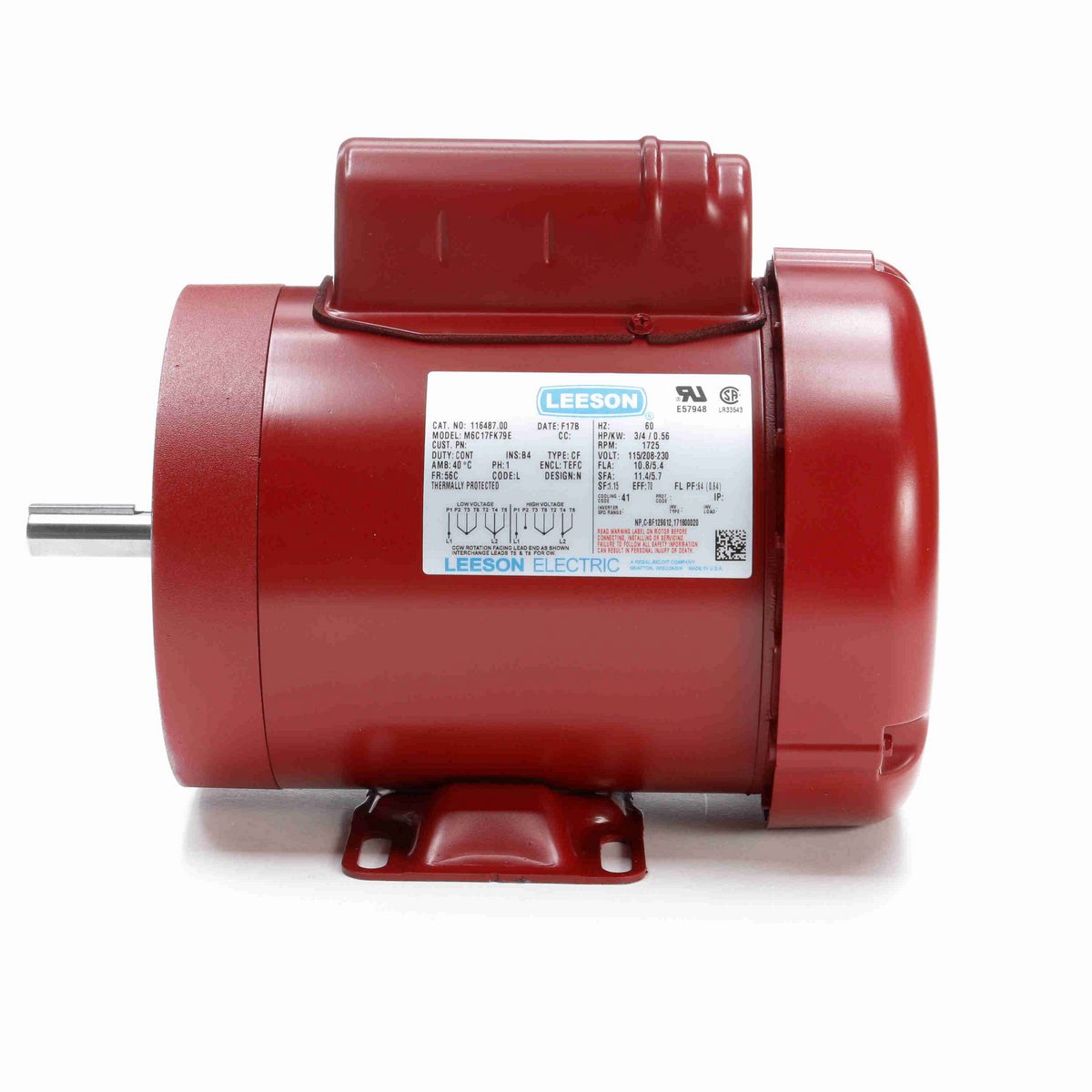 LEESON General Purpose Motor, 0.75 HP, 1 Ph, 60 Hz, 115/230 V, 1800 RPM, 56C Frame, TEFC - 116487.00