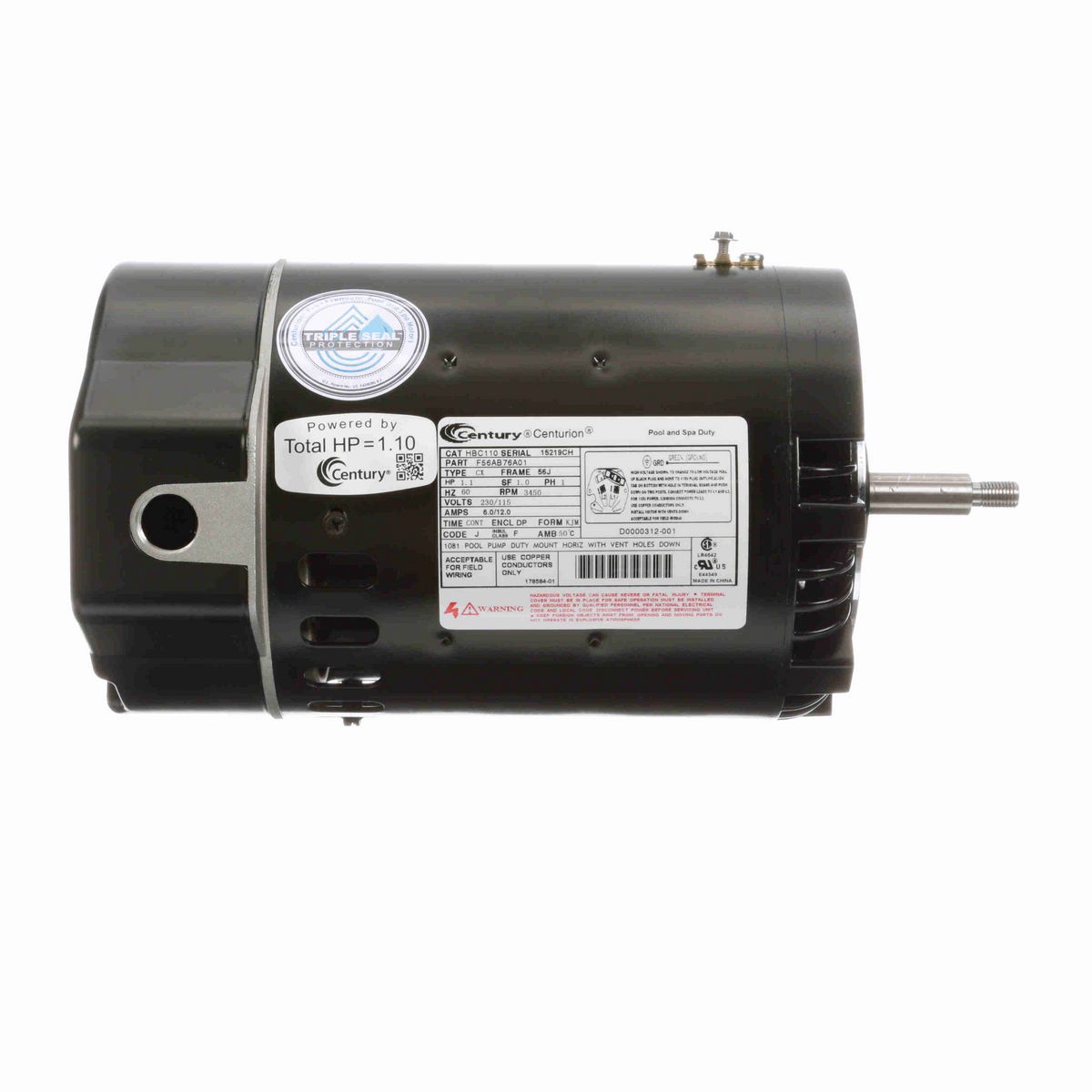 Century Pool Pump Motor, 1.1 HP, 1 Ph, 60 Hz, 230/115 V, 3600 RPM, S56J Frame, DP - HBC110