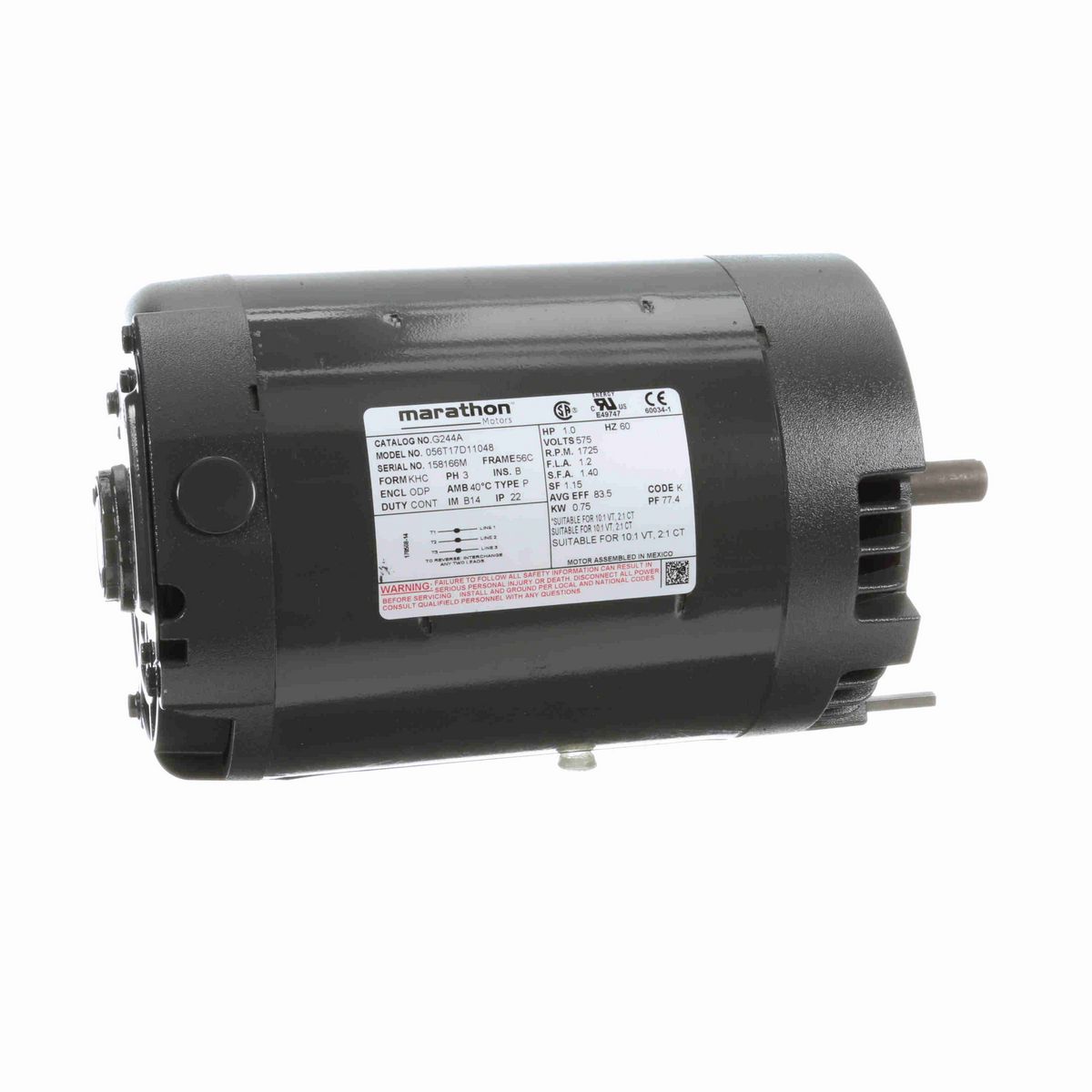 LEESON General Purpose Motor, 1 HP, 3 Ph, 60 Hz, 575 V, 1800 RPM, 56C Frame, DP - G244A