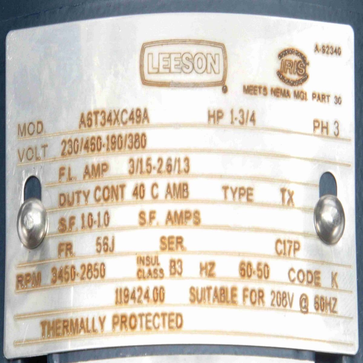 LEESON Explosion Proof Motor, 1 & 0.75 HP, 3 Ph, 60 & 50 Hz, 230/460 & 190/380 V, 3600 & 3000 RPM, 56J Frame, EPFC - 119424.00