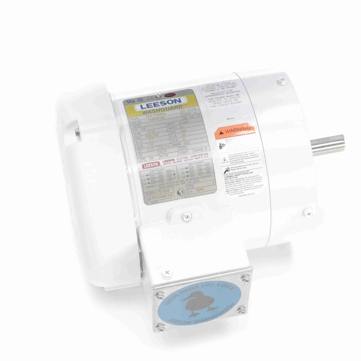 LEESON White Duck™ General Purpose Motor, 0.33 HP, 3 Ph, 60 Hz, 230/460 V, 1800 RPM, 56C Frame, TEFC - 112547.00