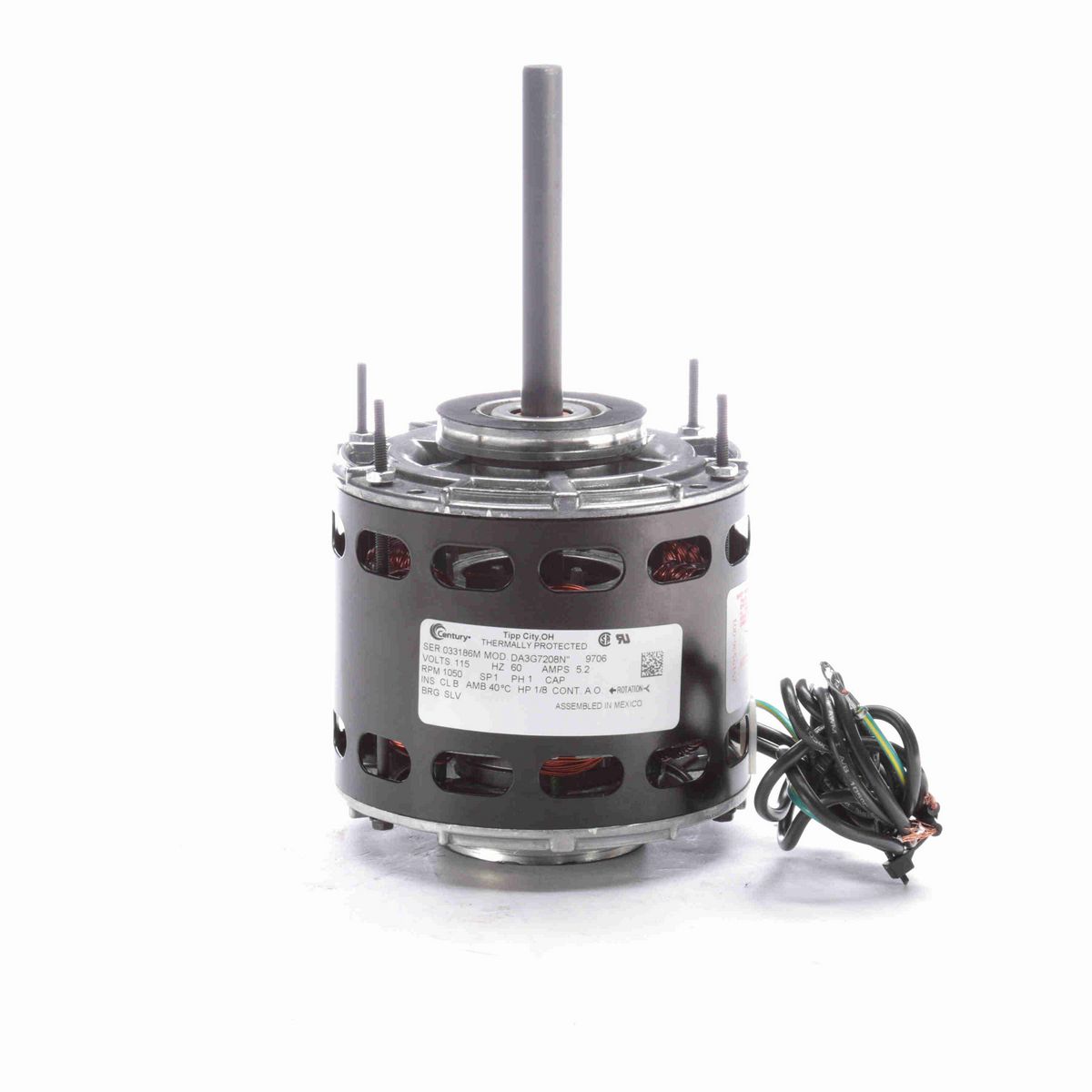 Century Fan and Blower Motor, 1/8 HP, 1 Ph, 60 Hz, 115 V, 1050 RPM, 1 Speed, 42 Frame, OAO - 9706