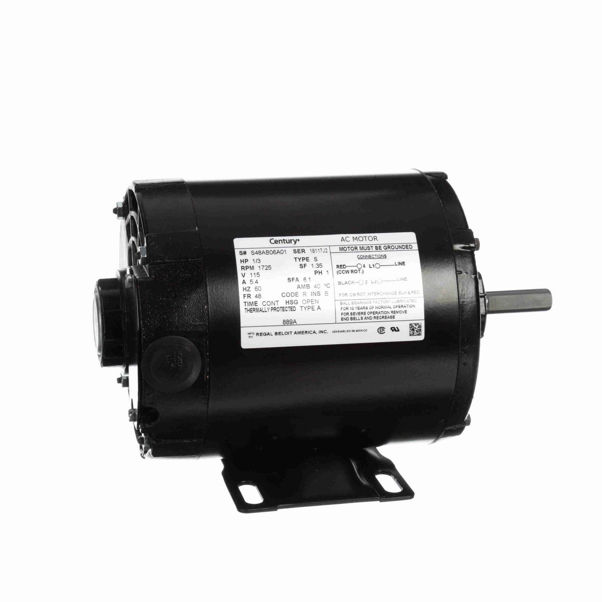 Century Fan and Blower Motor, 1/3 HP, 1 Ph, 60 Hz, 115 V, 1800 RPM, 48 Frame, OPEN - 889A