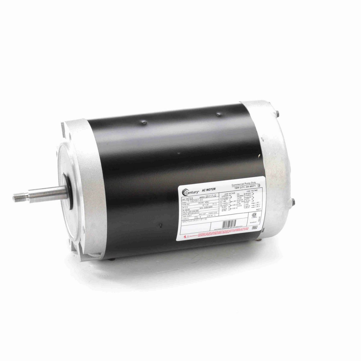 Century General Purpose Pump Motor, 2.4 HP, 3 Ph, 60/50 Hz, 200-230/460 V, 3600 RPM, N56J Frame, DP - H733