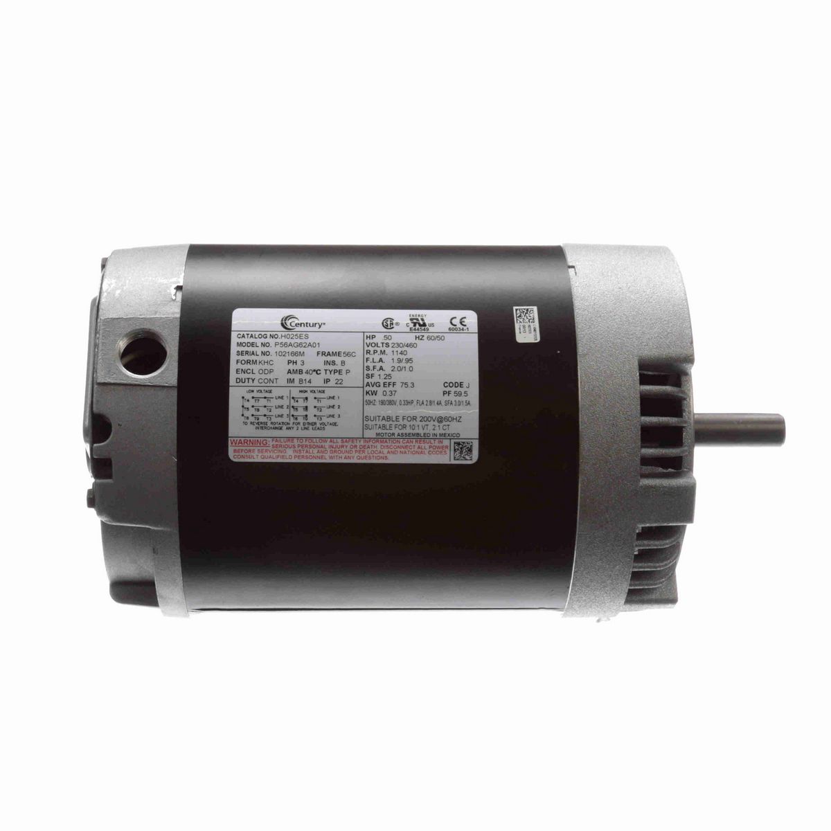 Century General Purpose Motor, .50 HP, 3 Ph, 60 Hz, 230/460 V, 1200 RPM, 56C Frame, ODP - H025ES
