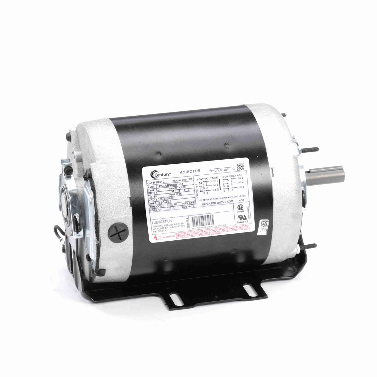 Century General Purpose Motor, 1.0 HP, 3 Ph, 60 Hz, 200-230/460 V, 1800 RPM, KA56 Frame, TEAO - H1031L