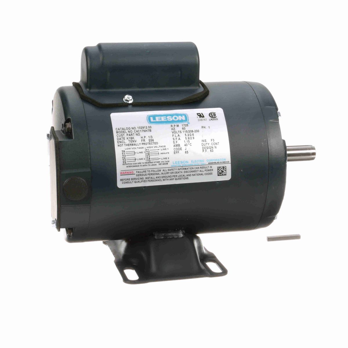 LEESON General Purpose Motor, 0.33 HP, 1 Ph, 60 Hz, 115/230 V, 1800 RPM, S56 Frame, TENV - 102912.00