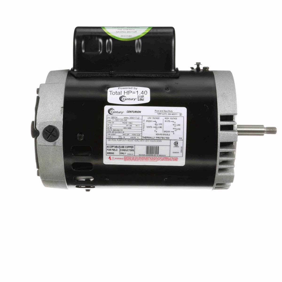 Century Pool Pump Motor, 1.0 HP, 1 Ph, 60 Hz, 208-230/115 V, 3600 RPM, X56J Frame, DP - B654