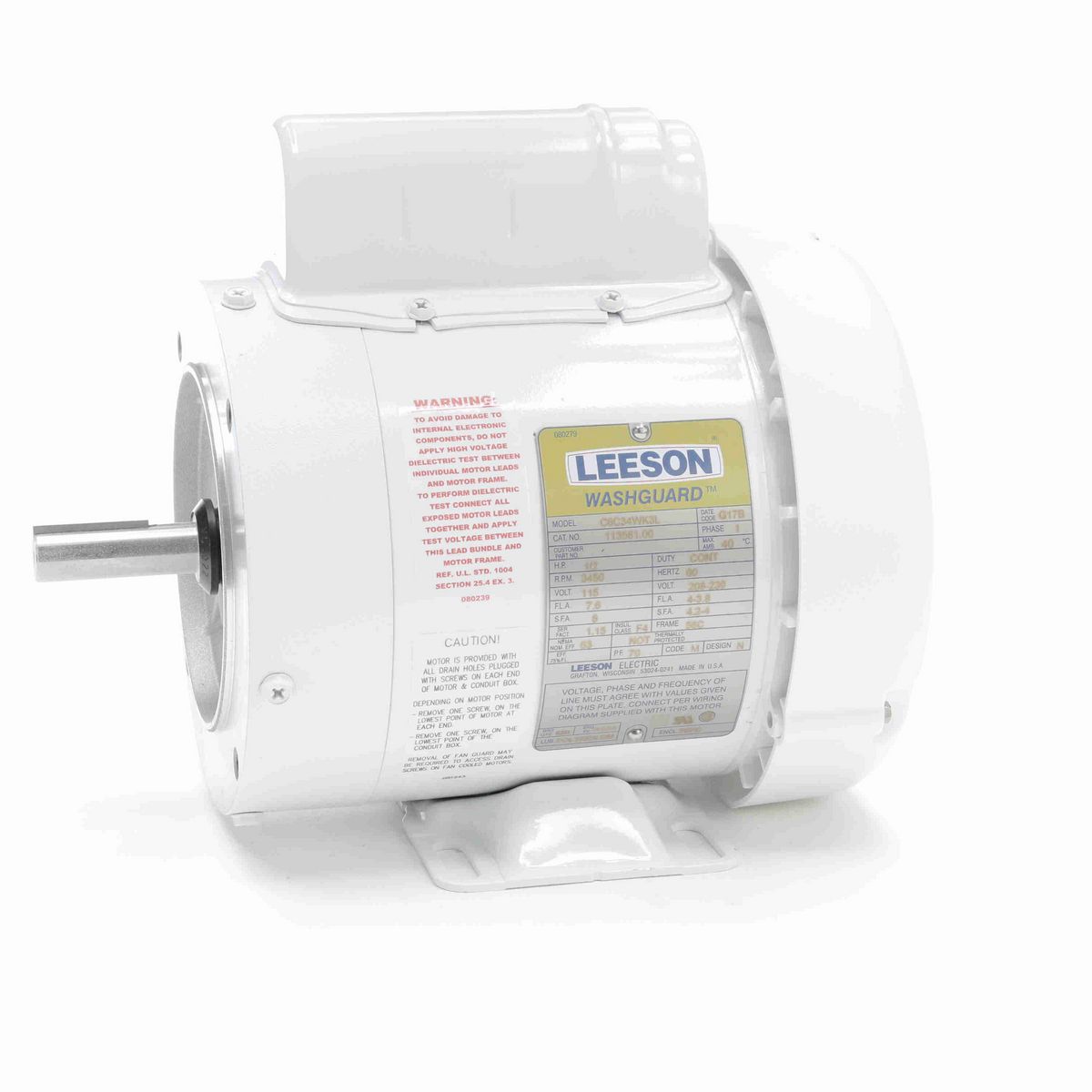 LEESON White Duck™ General Purpose Motor, 0.50 HP, 1 Ph, 60 Hz, 115/230 V, 3600 RPM, 56C Frame, TEFC - 113581.00