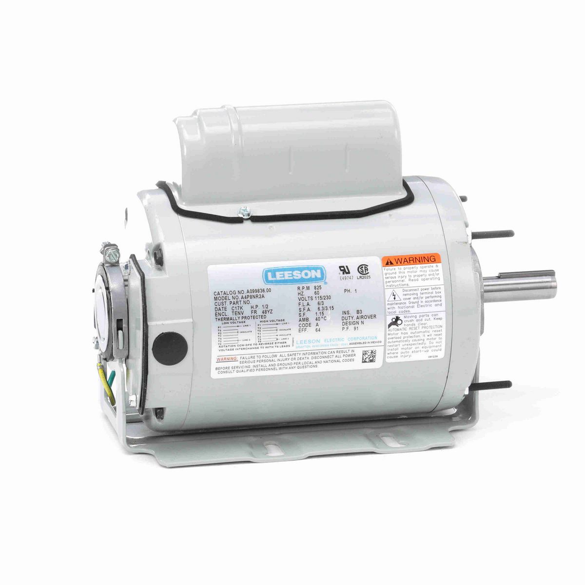 LEESON Agricultural Motor, 0.50 HP, 1 Ph, 60 Hz, 115/230 V, 900 RPM, 48YZ Frame, TEAO - A099836.00