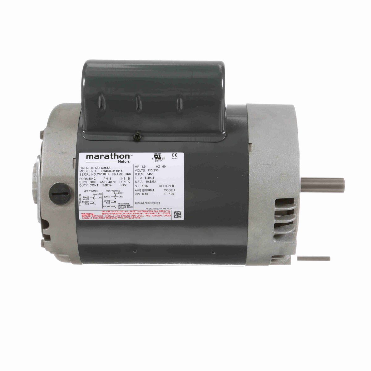 LEESON General Purpose Motor, 1 HP, 1 Ph, 60 Hz, 115/230 V, 3600 RPM, 56C Frame, DP - G254A