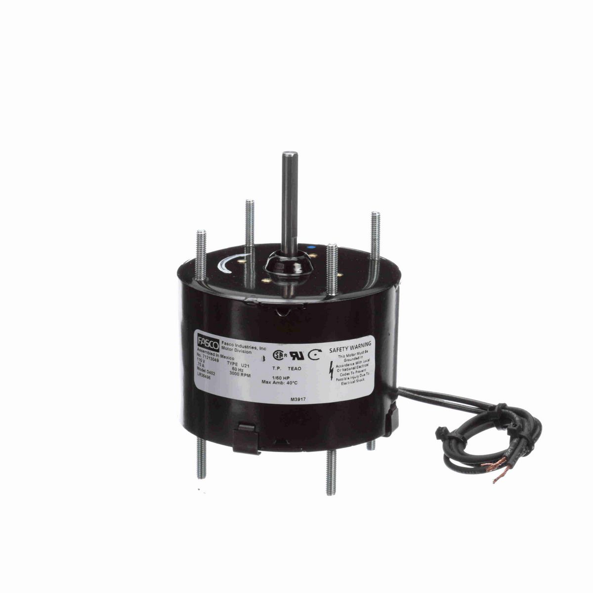 FASCO Fan and Blower Motor, 1/60 HP, 1 Ph, 60 Hz, 115 V, 3000 RPM, 1 Speed, 3.3" Diameter, TEAO - D402