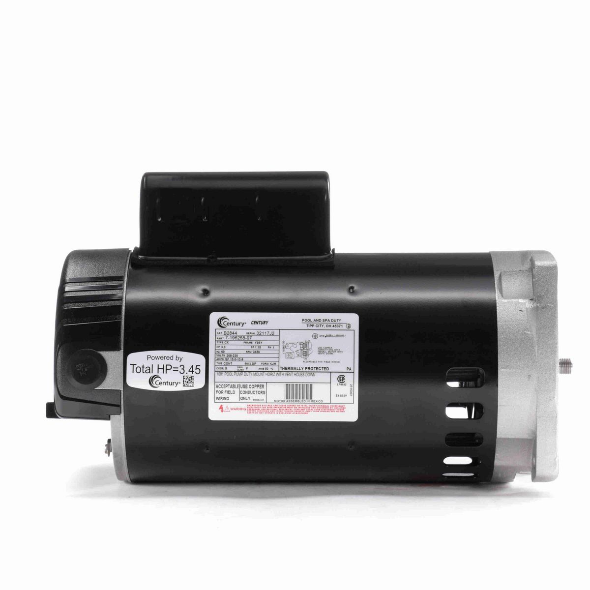 Century Pool Pump Motor, 3.0 HP, 1 Ph, 60 Hz, 208-230 V, 3600 RPM, Y56Y Frame, DP - B2844