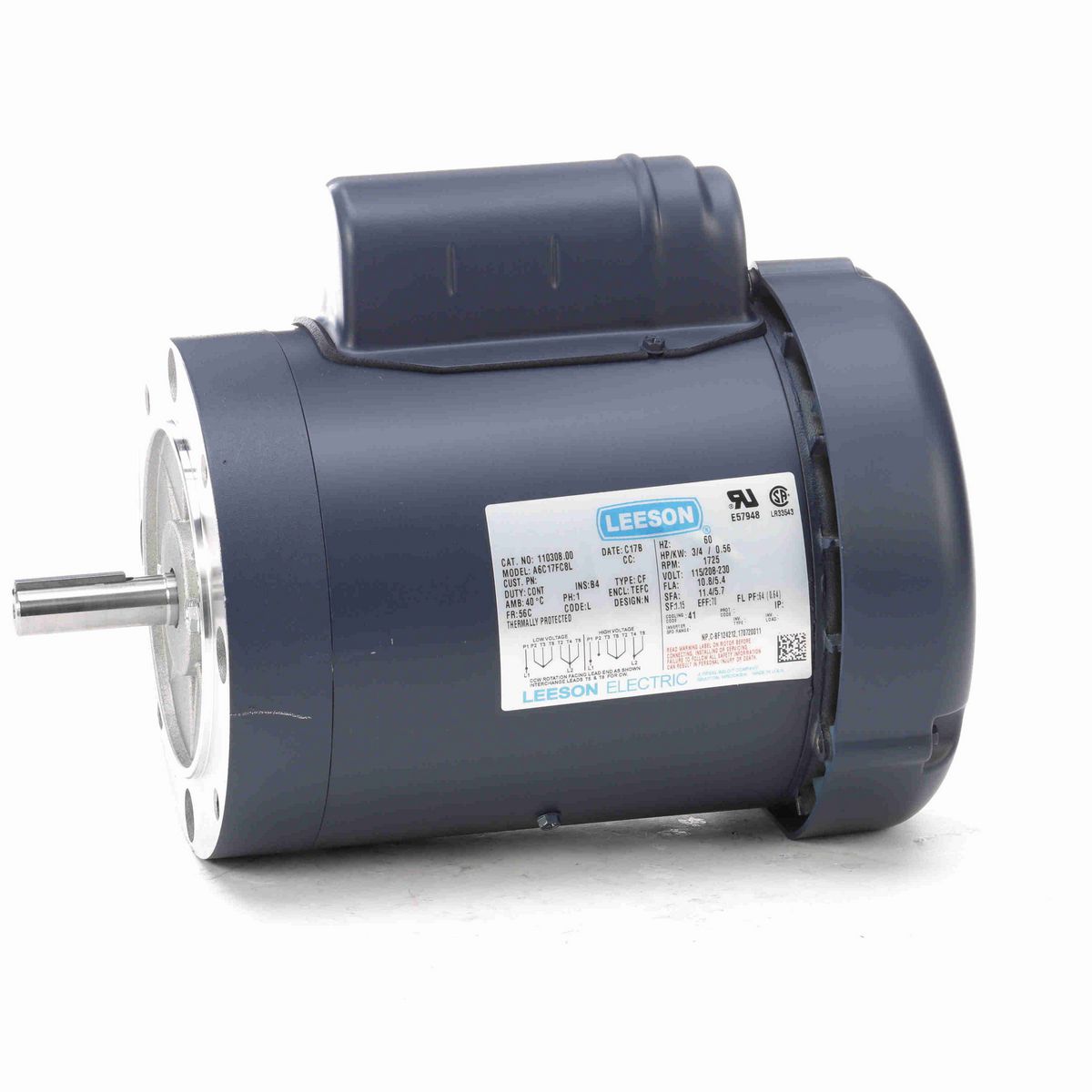 LEESON General Purpose Motor, 0.75 HP, 1 Ph, 60 Hz, 115/230 V, 1800 RPM, 56C Frame, TEFC - 110308.00