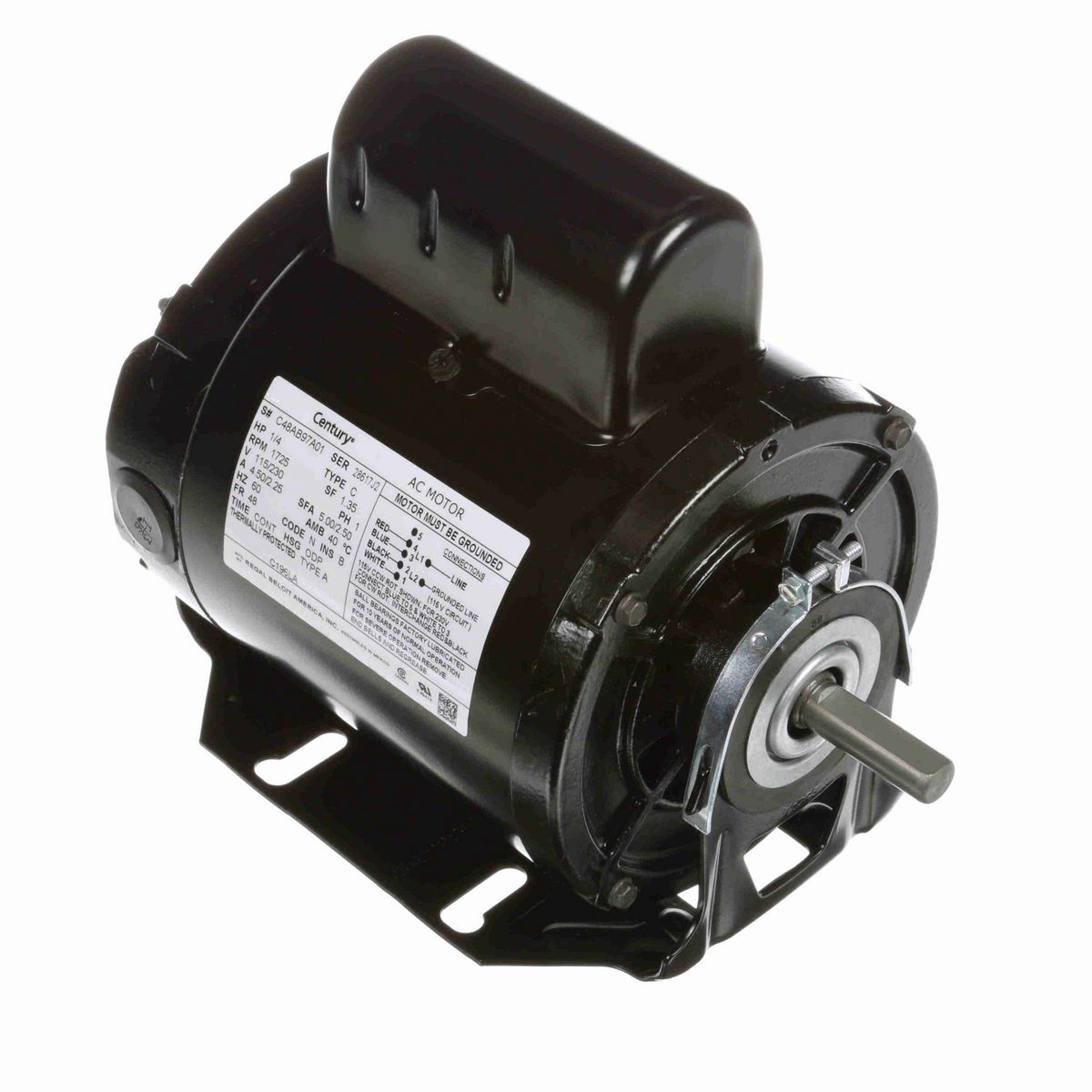 Century Fan and Blower Motor, 1/4 HP, 1 Ph, 60 Hz, 115/230 V, 1800 RPM, 48 Frame, ODP - C196LA