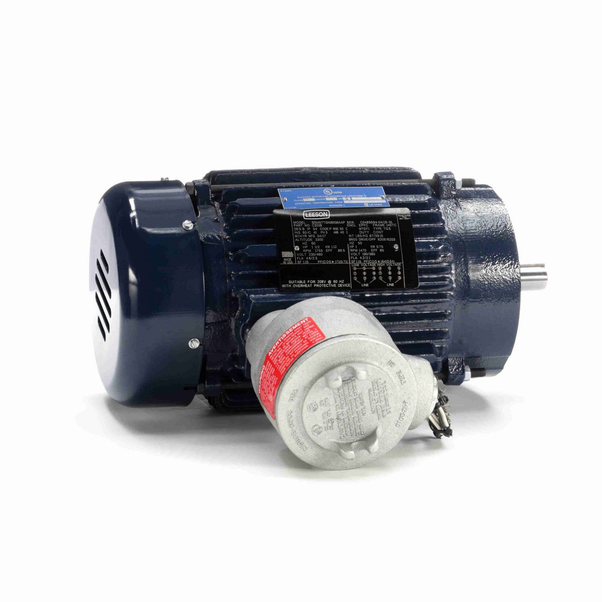LEESON Explosion Proof Motor, 1.50 & 1 HP, 3 Ph, 60 & 50 Hz, 230/460 & 190/380 V, 1800 & 1500 RPM, 145TC Frame, EPFC - C321B