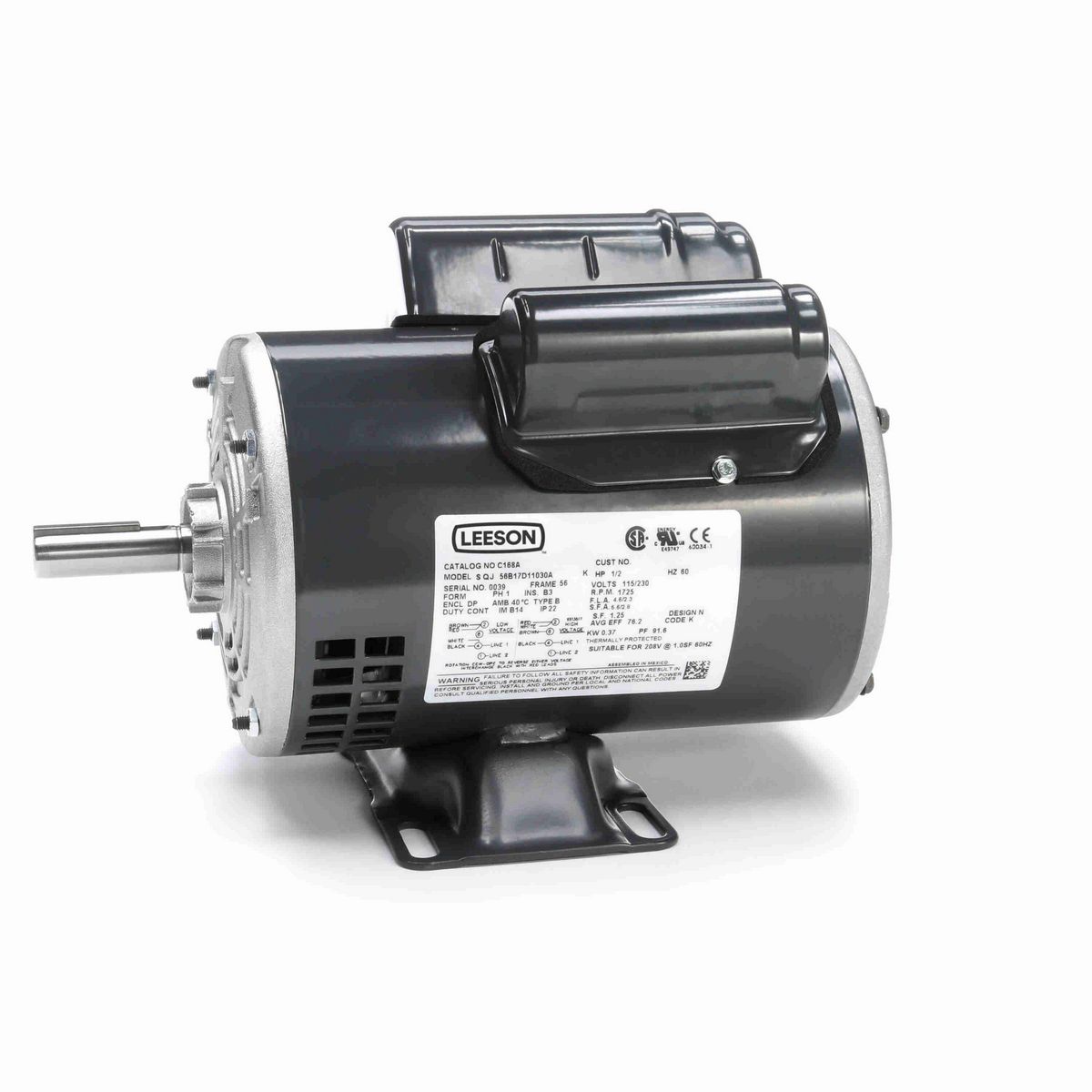 LEESON General Purpose Motor, 0.50 HP, 1 Ph, 60 Hz, 115/230 V, 1800 RPM, 56 Frame, DP - C168A